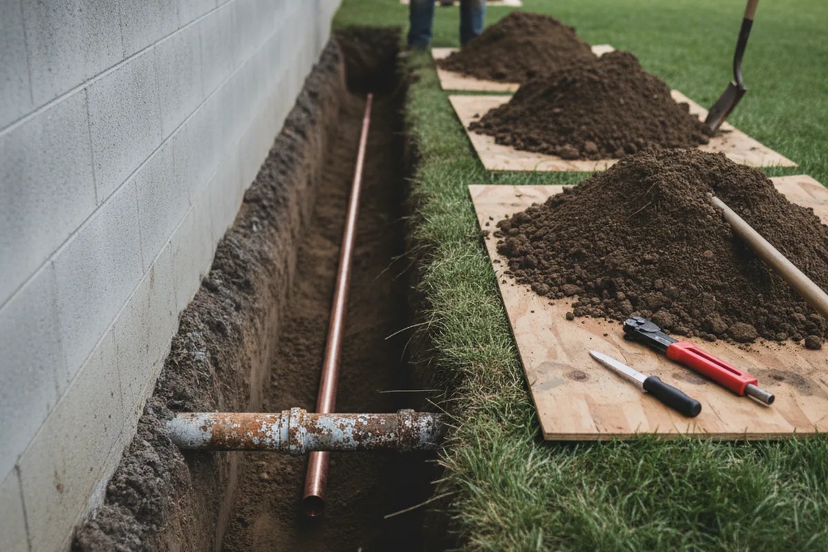 Excavated water line trench during Water Heater Repair in Fort Washington
